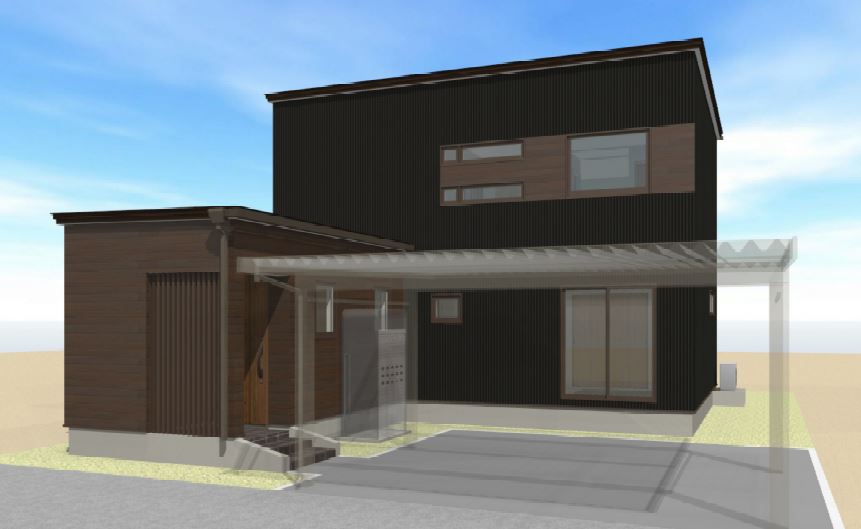 北広島市Ａ様邸『耐食性に優れたガルバ鋼板を使いシャープな縦のラインで気品を出しワンポイントで木調を取り入れ柔らかさも感じられる外観です。』